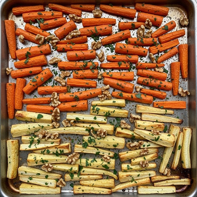 The image shows a metal baking tray filled with roasted vegetable sticks that have two layers of colors: bright orange carrot sticks and pale, golden-brown parsnip sticks, each cut into similar thick rectangular shapes and mixed evenly. Scattered across the tray are small pieces of light brown walnuts adding texture and contrast, while green chopped herbs are sprinkled on top for a fresh look. The tray surface has slight browning and oil marks showing the roasting process. photo taken with an iphone --ar 4:5 --v 7