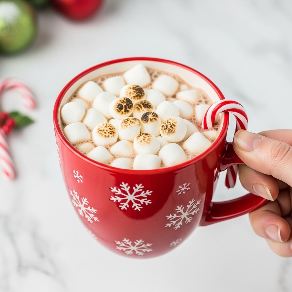 A red mug with white snowflake patterns is held by a woman's hand, filled to the top with light brown hot chocolate. The surface is covered with a layer of small, soft marshmallows, some showing a slight toasting color. On the right side of the mug, a small red and white striped candy cane hangs on the rim. The backdrop shows a blurred white marbled texture with soft green and red holiday decorations. photo taken with an iphone --ar 4:5 --v 7