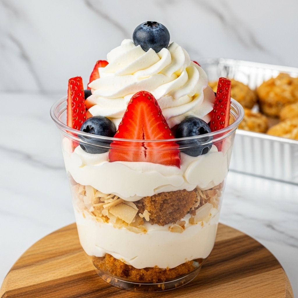 A clear cup with a layered dessert inside, starting with a light brown cake or pudding at the bottom, topped with a thick white creamy layer, and some toasted coconut flakes mixed in. Above this, there is a generous swirl of white whipped cream layered thickly on top. Fresh red strawberry slices and dark blue blueberries are placed around and on top of the whipped cream, with one blueberry sitting at the very top center. The cup is set on a wooden surface with a white marbled texture background visible behind it, and a foil tray with baked goods is blurred in the background. Photo taken with an iphone --ar 4:5 --v 7