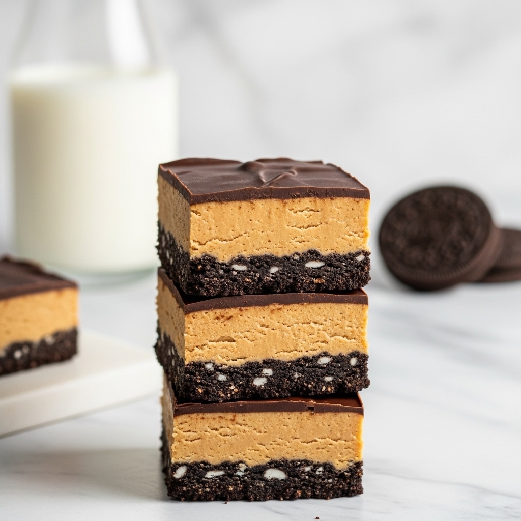 The image shows a stack of three square dessert bars on a white marbled surface. Each bar has three layers: the bottom layer is dark, crumbly, and cookie-like, the middle layer is thick, smooth, and peanut butter-colored, while the top layer is a glossy, dark chocolate coating. The bars are stacked neatly, and in the background, there is a glass of milk and a whole sandwich cookie against a white marbled texture. The scene is bright and clean with soft lighting. Photo taken with an iphone --ar 4:5 --v 7