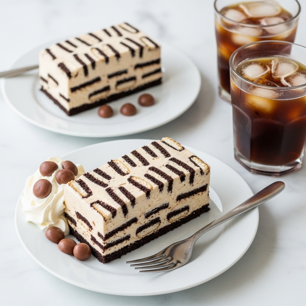 Two white plates each hold a rectangular slice of layered ice cream cake. Each slice has multiple alternating layers of beige ice cream and dark chocolate cookie bars with white cream filling. One plate’s slice is garnished with a dollop of white whipped cream and several small round chocolate pieces on top and beside it. A silver fork rests on the edge of the plate with the whipped cream garnish. Two glasses filled with iced coffee with visible ice cubes sit next to the plates on a white marbled surface with a slight blue tint. photo taken with an iphone --ar 4:5 --v 7