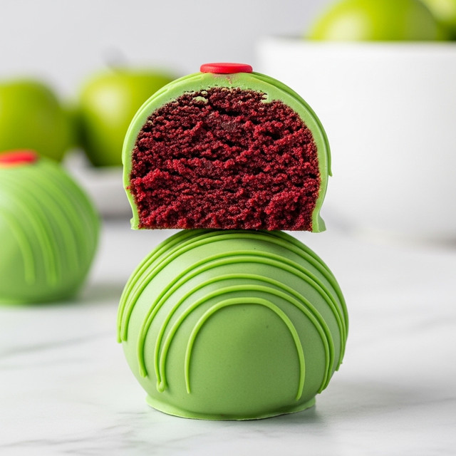 Two round cake balls stacked on a white marbled surface are shown. The bottom cake ball is coated in smooth, light green icing with thin, wavy lines of the same green icing drizzled over it. The top cake ball is cut in half, revealing a dark red, moist, and dense cake interior. The outside of the top cake ball matches the bottom one in light green icing, with a small bright red circular decoration on top where the two balls meet. The background is softly blurred, featuring subtle hints of green apples and a large white bowl. Photo taken with an iphone --ar 4:5 --v 7