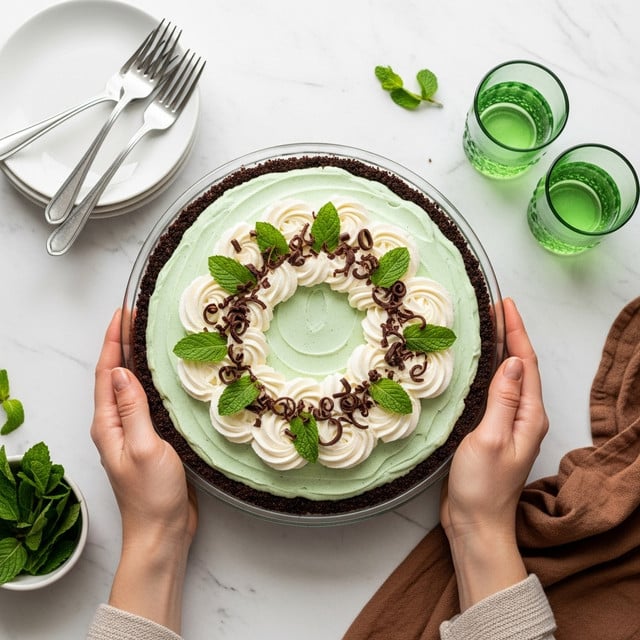 A round pie with three clear layers is held by two woman's hands over a white marbled surface. The bottom layer is a dark crumbly crust forming the pie’s border. The middle layer is a smooth pale green cream filling that covers the entire pie. On top of this, there is a large swirl ring of white whipped cream in the center, around dark brown chocolate curls and fresh green mint leaves placed in the very middle. The pie is in a clear pie dish. Nearby, there is a white plate with three forks and two clear green-tinted drinking glasses. A small bowl with fresh mint leaves and a brown cloth napkin are seen in the corners. Photo taken with an iphone --ar 4:5 --v 7
