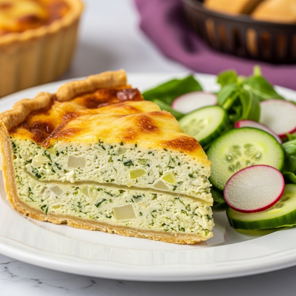 A close-up of a slice of creamy green vegetable quiche on a white plate, showing three layers: a golden-brown crispy crust at the bottom, a thick middle layer of smooth, pale green and white creamy filling with small vegetable chunks, and a slightly browned, bubbly top layer with a melted cheese texture. Next to the quiche is a fresh salad made of thinly sliced cucumber, radish, and green leafy vegetables. The plate sits on a white marbled surface, with part of a brown bread basket and a purple cloth blurred in the background. Photo taken with an iphone --ar 4:5 --v 7