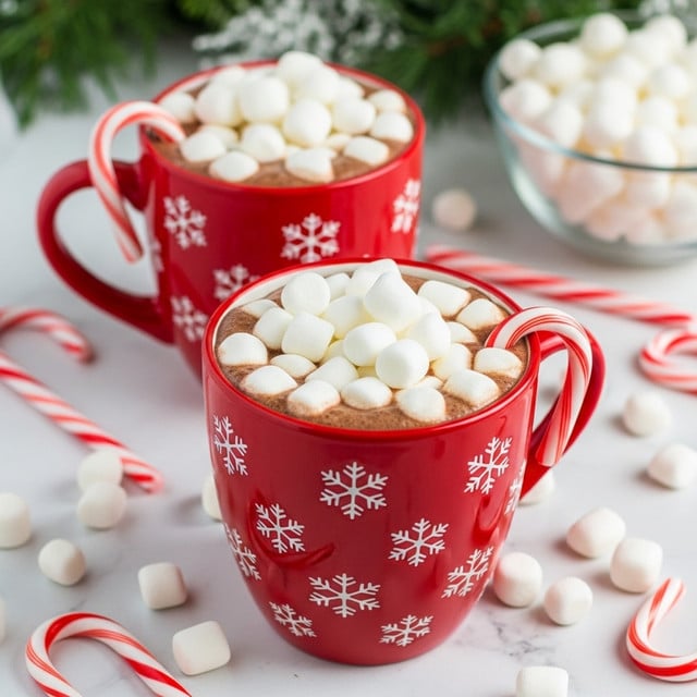 Two red mugs with white holiday snowflake patterns are filled with smooth dark brown hot chocolate topped with many small white marshmallows forming the top layer. Each mug has a red and white striped candy cane hooked on its rim. The mugs sit on a white marbled surface surrounded by scattered mini marshmallows and candy canes. The background shows some blurred greenery and a glass bowl filled with more mini marshmallows. photo taken with an iphone --ar 4:5 --v 7