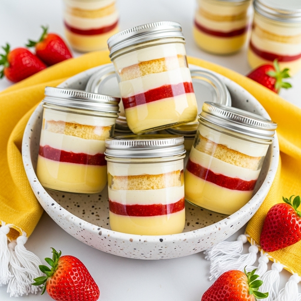 The image shows small glass jars with silver lids filled with layered dessert placed in a white speckled bowl on a white marbled surface. Each jar has four visible layers: at the bottom is a smooth yellow custard-like layer, followed by a red strawberry sauce layer, then a light beige cake layer, and on top a white creamy layer. The jars are slightly tilted and arranged closely together. Around the jars, there are fresh red strawberries and a yellow cloth with white fringe, adding a touch of color to the scene. Photo taken with an iphone --ar 4:5 --v 7