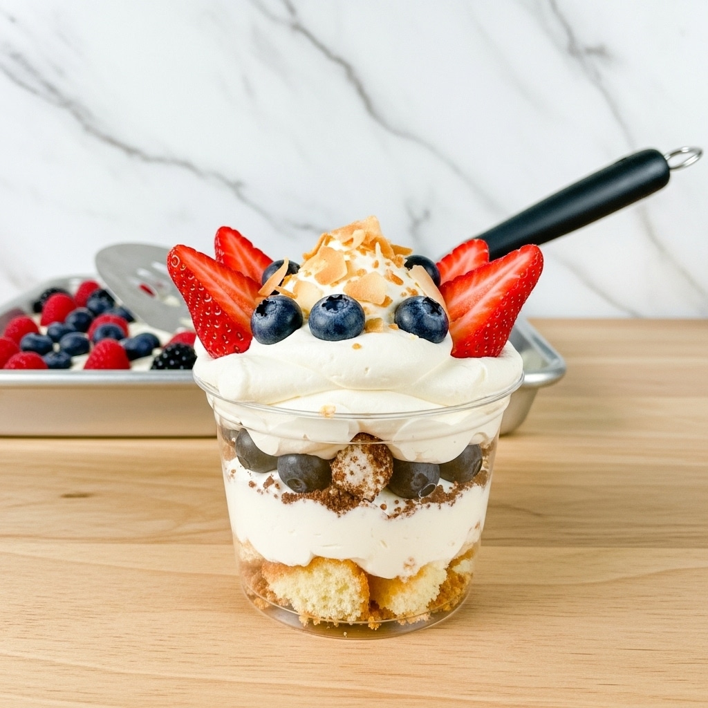 A clear cup dessert with multiple layers sits on a light wooden table against a white marbled kitchen counter background. The bottom layer is a light cake or biscuit base with some brown crumbs. Above it is a layer of whipped cream mixed with bits of chocolate or cookie. The top layer is thick white whipped cream, decorated with two halves of fresh red strawberries on opposite sides and several dark blue blueberries scattered on top and around the edges. Thin toasted coconut flakes are sprinkled over the whipped cream. Behind the cup, an aluminum tray with a berry dessert and a large black-handled serving tool is visible. Photo taken with an iphone --ar 4:5 --v 7