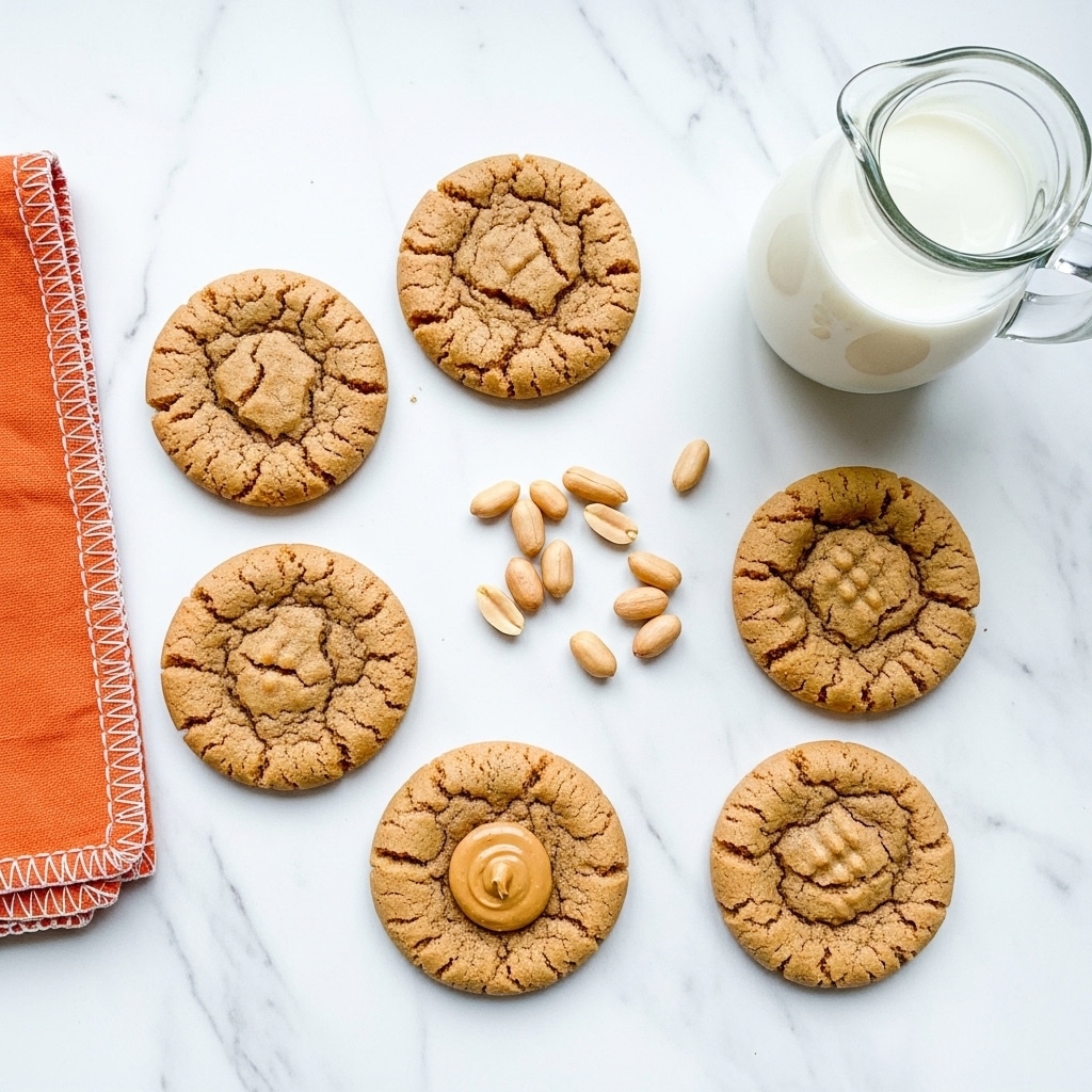 Five round peanut butter cookies with cracked surfaces and a soft brown color are arranged on a white marbled texture. One cookie has a small dollop of peanut butter visible in the center. Scattered peanuts lie between the cookies, and a clear glass jug filled with white milk is placed near the top right. An orange cloth with white stitches is partially visible on the left side. photo taken with an iphone --ar 4:5 --v 7