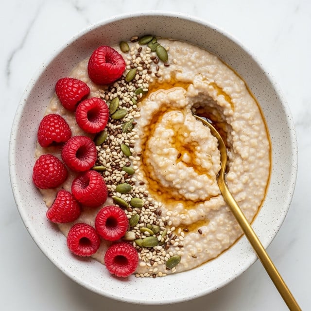A white speckled bowl filled with creamy, light beige porridge with a soft texture and small lumps, topped on one side with bright red fresh raspberries sliced in half, and sprinkled with small white, brown, and green seeds scattered over the berries and porridge. On the right side, a golden spoon is partially dipped into the porridge, which has a thin layer of clear, amber-colored syrup pooling on the surface near the spoon. The bowl sits on a white marbled surface. Photo taken with an iphone --ar 4:5 --v 7