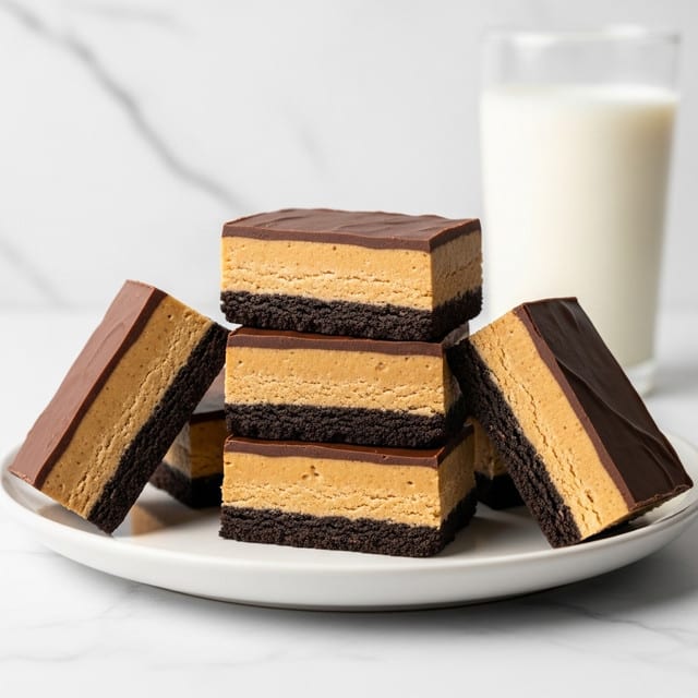 The image shows five rectangular peanut butter bars stacked on a white plate, placed on a white marbled surface. Each bar has three clear layers: a bottom dark, crumbly chocolate cookie layer; a thick, creamy light brown peanut butter middle layer with a slightly rough texture; and a smooth, dark brown chocolate top layer that glistens slightly under the light. The bars are arranged with some leaning against each other, showing the clean, straight edges of the layers. In the background, there is a tall glass of milk with a faint white marbled texture behind it, adding to the simple, clean presentation. photo taken with an iphone --ar 4:5 --v 7