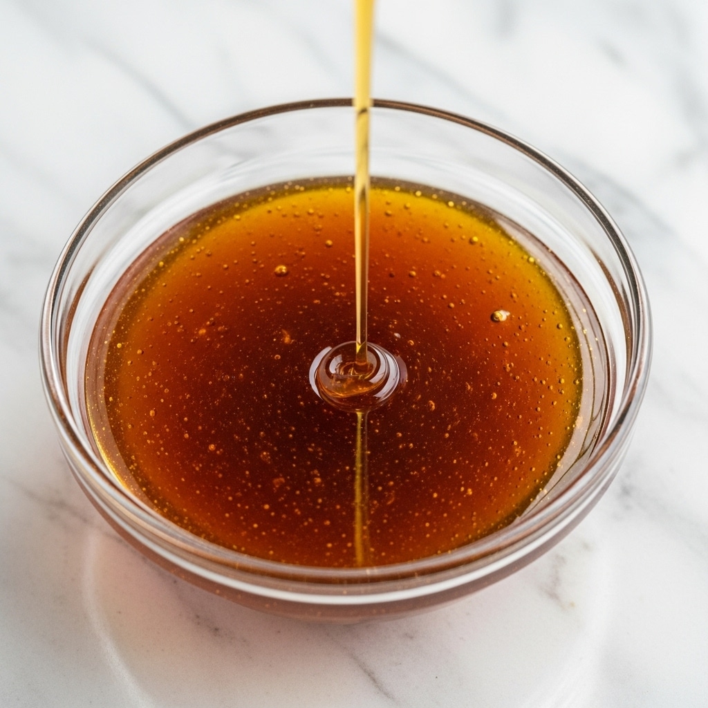 A clear glass bowl filled with a smooth, thick golden-brown syrup that has tiny specks throughout, showing its rich texture. A steady stream of the syrup is pouring down from above into the center of the bowl, creating a slight ripple on the surface. The bowl sits on a white marbled textured surface, highlighting the glossy shine and rich color of the liquid inside. photo taken with an iphone --ar 4:5 --v 7