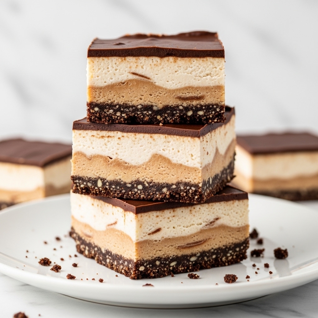 A stack of three square dessert bars sits on a white plate with a white marbled background. Each bar has three layers: a bottom dark crumbly crust, a thick middle creamy layer that is light tan with subtle brown swirls, and a smooth dark chocolate top layer. The bars are stacked unevenly, showing the texture and colors clearly. Small crumbs from the crust layer are scattered around the plate. photo taken with an iphone --ar 4:5 --v 7