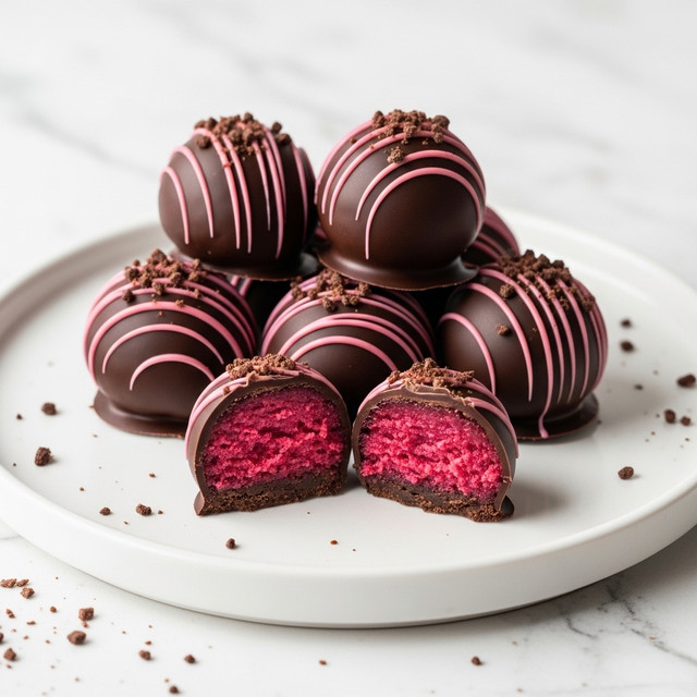A white round plate holds seven chocolate-covered truffles arranged in a small pile. The truffles are coated in dark chocolate with a smooth, shiny surface and decorated with thin pink lines and small chocolate crumbles on top. Two truffles at the front are cut in half, showing a bright pink, moist, and crumbly inside that contrasts with the dark chocolate shell. The plate is placed on a white marbled surface, and a few chocolate crumbs are scattered around the plate edges. photo taken with an iphone --ar 4:5 --v 7