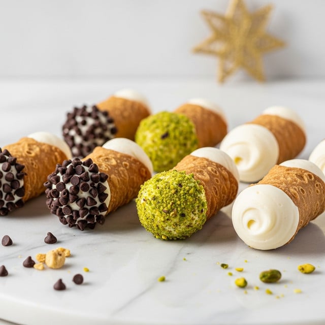 Seven sandwich cookies sit in a row on a white marbled surface. Each cookie has two light brown, slightly crumbly textured cookie layers enclosing a thick, creamy white filling. Three of the cookies have the filling rolled in small dark chocolate chips, two have the filling coated with bright green crushed pistachio nuts, and the remaining two show the plain white filling. Some nut crumbs and chocolate chips are scattered around the base. In the blurred background, there is a golden star-shaped decoration. photo taken with an iphone --ar 4:5 --v 7