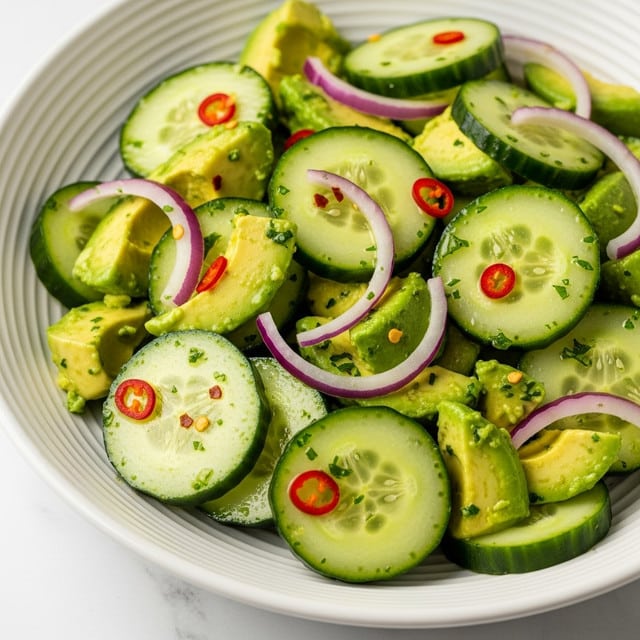 This image shows a close-up of a fresh cucumber and avocado salad served in a white bowl with slight ridges around the edge. The dish has multiple layers: thick slices of green cucumbers with a smooth, moist texture mix with chunky, creamy avocado pieces. Thin slices of purple-red onion are scattered evenly throughout, adding a slight contrast. The salad is coated lightly with a green herb dressing, giving it a shiny, fresh look. Small red chili flakes are sprinkled on top, adding a touch of red color here and there. The bowl sits on a white marbled surface, enhancing the fresh, clean appearance. photo taken with an iphone --ar 4:5 --v 7
