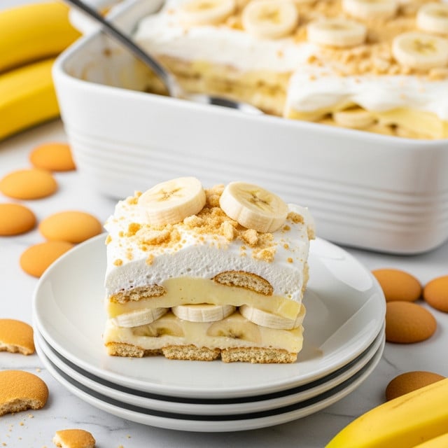 A close-up of a slice of banana pudding dessert served on a stack of three white plates, showing several layers: bottom layer of round golden vanilla wafers, followed by juicy, light yellow sliced bananas, a creamy pale yellow pudding layer, and topped with a thick, fluffy white whipped cream layer scattered with crushed vanilla wafer crumbs and banana slices on top. Behind it is a white square casserole dish filled with the same dessert, showing the same layers and textures, with a silver spoon inside. The dessert sits on a white marbled surface scattered with whole and broken vanilla wafers and fresh bananas nearby. photo taken with an iphone --ar 4:5 --v 7