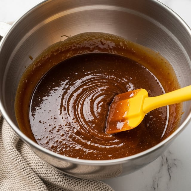 A close-up view of a shiny metal mixing bowl filled with smooth, thick, dark brown caramel sauce. The sauce has a glossy texture with tiny specks visible throughout. A yellow spatula is partially inserted into the sauce on the right side, coated with the caramel. The bowl is placed on a white marbled surface with a beige knitted cloth partially visible under it. photo taken with an iphone --ar 4:5 --v 7