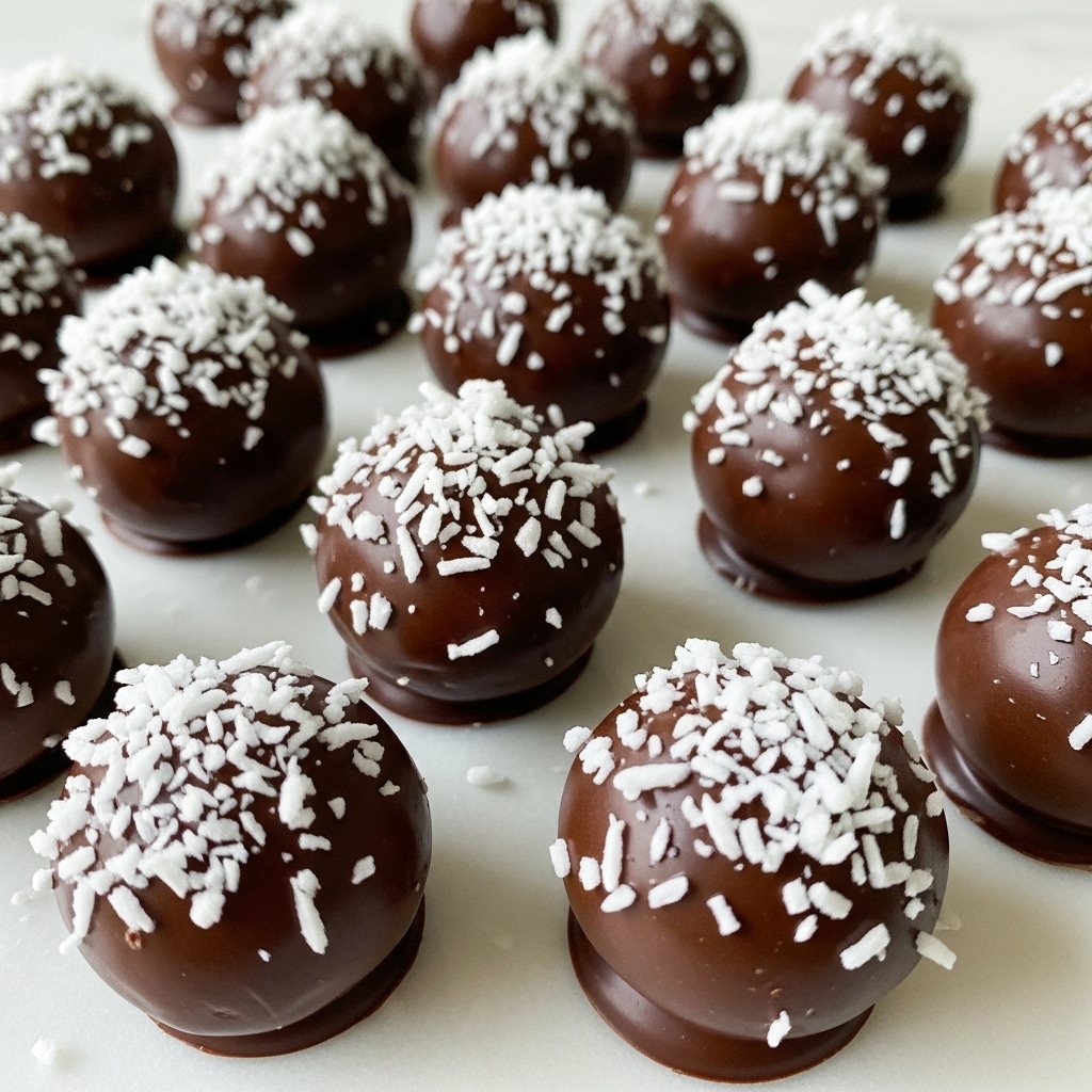 The image shows many small round chocolate balls arranged closely on a white marbled surface. Each chocolate ball is coated in a smooth, dark brown chocolate layer and topped with a generous amount of white shredded coconut, creating a contrast between the dark glossy chocolate and the textured white coconut pieces. The chocolate coating looks thick and shiny, while the coconut flakes are scattered unevenly, giving each ball a unique texture. Photo taken with an iphone --ar 4:5 --v 7