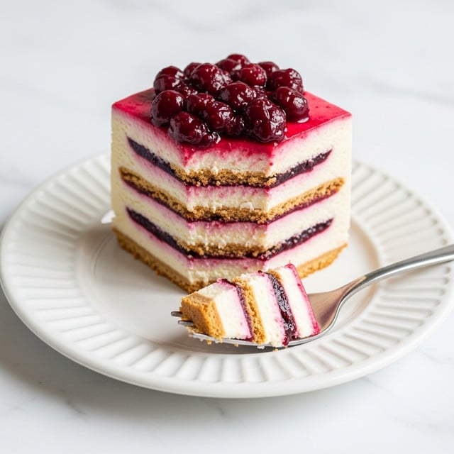 A slice of layered dessert sits on a white plate with a fluted edge. The dessert has five visible layers: three thin brown biscuit layers alternating with two thick creamy white layers, and two thin dark red fruit jam layers between the creamy ones. On top, a dollop of chunky dark red berry sauce covers part of the dessert. A fork holds a small piece of the dessert with the same layered pattern. The whole scene is set on a white marbled surface. Photo taken with an iphone --ar 4:5 --v 7