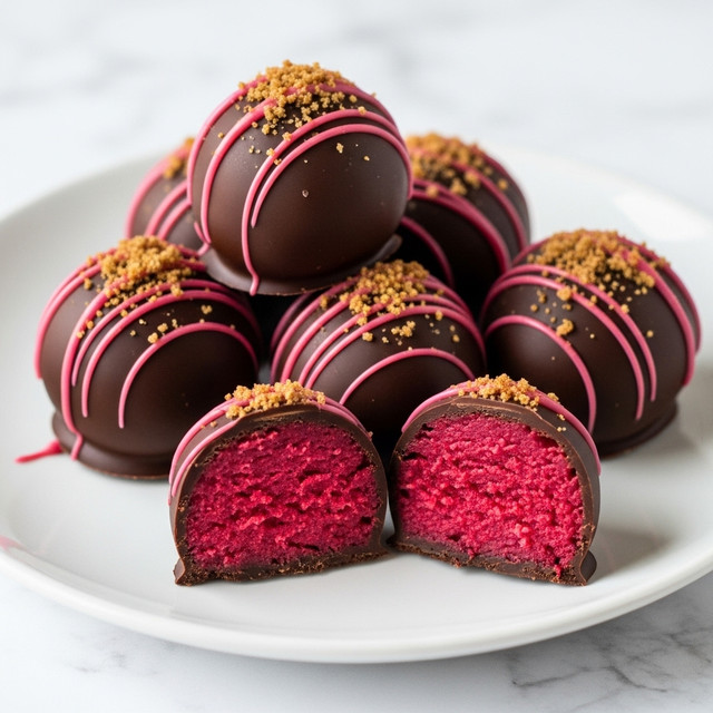 A white plate holds six round chocolate truffles with a smooth dark chocolate coating. Each truffle is topped with a sprinkling of small brown crumb bits and thin pink drizzle lines. The truffles are arranged in a small pile, with two cut in half and placed in the front to show a bright pink, moist, and textured inner layer. The surface under the plate is a white marbled texture. photo taken with an iphone --ar 4:5 --v 7