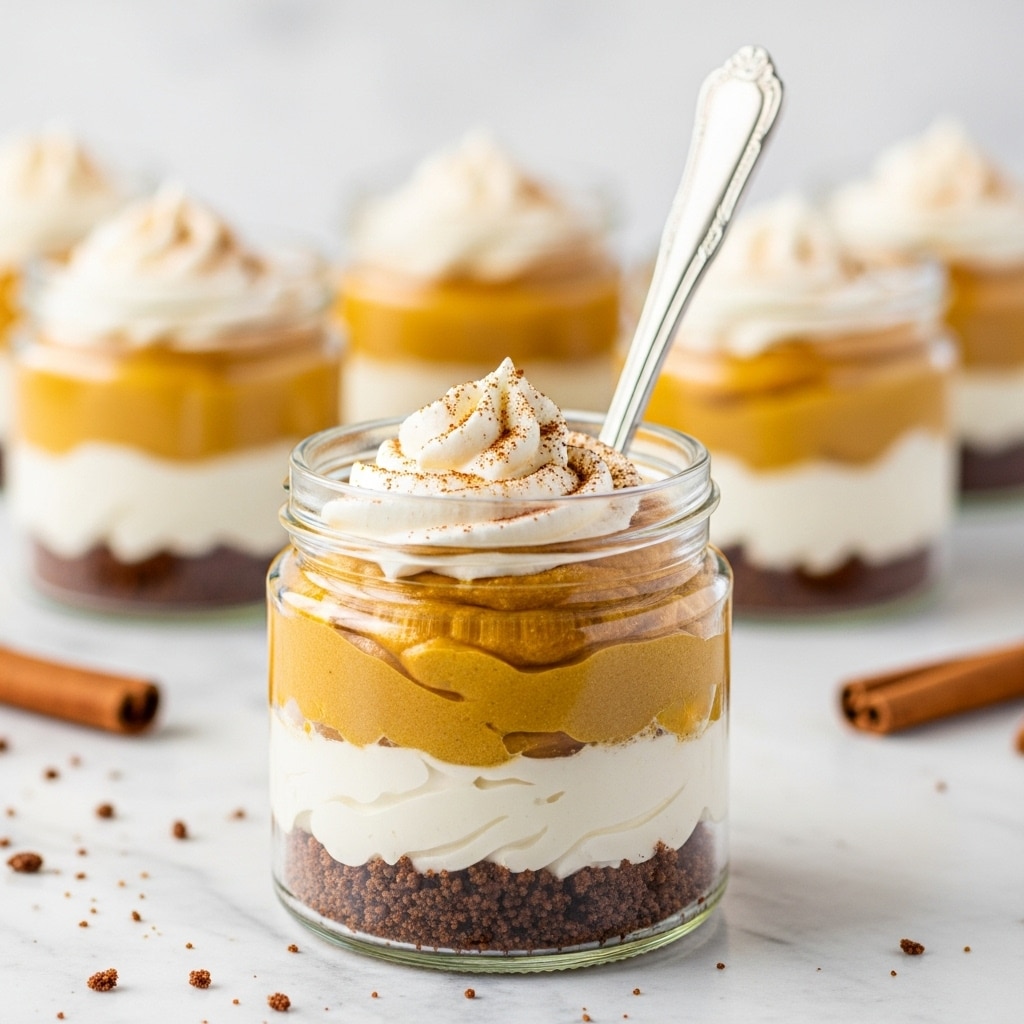The image shows a small clear glass jar with three visible layers: the bottom layer is a dark brown crumbly base, the middle layer is a thick orange pumpkin-colored creamy filling with a smooth texture, and the top layer is a swirl of white whipped cream dusted lightly with a brown spice. A silver spoon is placed inside the jar. In the background, there are several similar jars blurred out, all placed on a surface with a white marbled texture, with some cinnamon sticks and crumbs scattered around. photo taken with an iphone --ar 4:5 --v 7