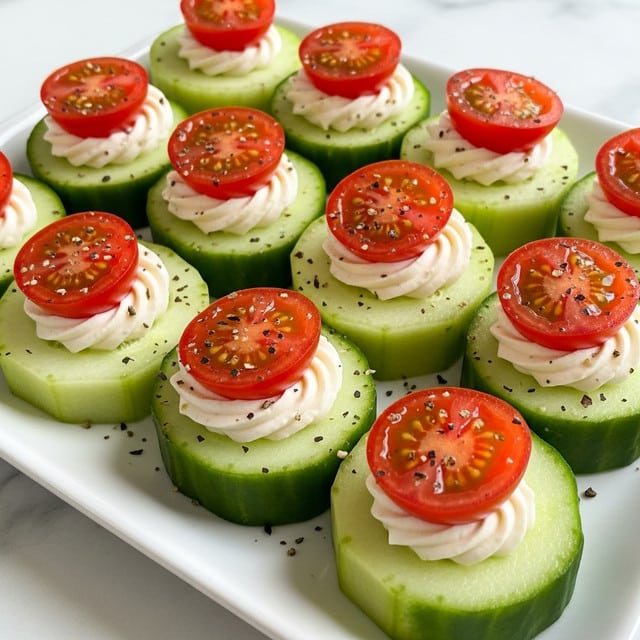 The image shows a white rectangular plate filled with cucumber slices topped with a swirl of creamy white spread and half of a bright red cherry tomato. Each cucumber slice is thick and pale green with slightly ridged edges. The creamy spread is neatly piped in a small swirl in the center of each cucumber slice. The cherry tomato halves sit firmly on top of the cream, their shiny red flesh and tiny seeds clearly visible. All the pieces are lightly sprinkled with black pepper and some herbs, adding small black and green spots on top. The plate is set on a white marbled surface. photo taken with an iphone --ar 4:5 --v 7