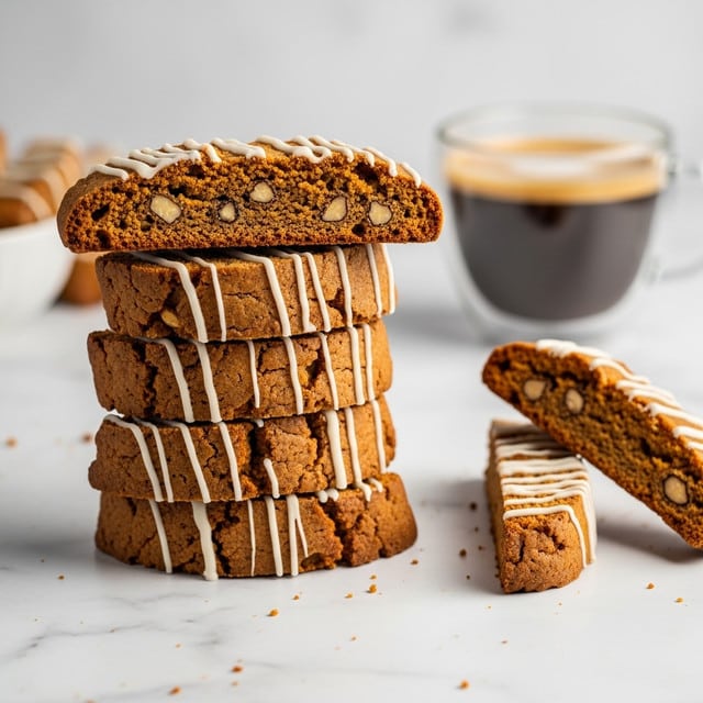 A tall stack of four thick, golden-brown biscotti slices stands on a white marbled surface, each piece textured with a crunchy exterior and soft inside, drizzled with thin, uneven lines of white icing that add a decorative touch. One biscotti slice is leaning across the top, showing the crumbly inside filled with small nuts. To the right, two small biscotti pieces with the same icing pattern lie flat on the surface. In the background, there is a transparent cup filled with dark coffee topped with light crema, slightly out of focus. The overall scene looks warm and inviting. photo taken with an iphone --ar 4:5 --v 7