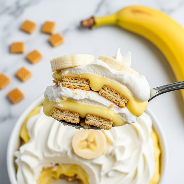 A close-up view of a spoonful of layered banana pudding held above a white dish filled with the same dessert. The spoon shows distinct layers including soft yellow pudding, golden-brown wafer biscuits, creamy white whipped topping, and thin slices of pale yellow banana. The background includes scattered golden-brown wafer biscuits and a whole yellow banana on a white marbled texture. photo taken with an iphone --ar 4:5 --v 7