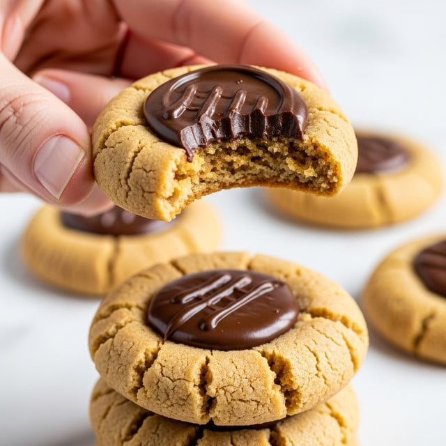 A close-up shows a woman’s hand holding a cookie with a bite taken out of it, revealing a soft, crumbly light brown inside. The cookie has a thick, glossy dark chocolate dollop spread on top, which has small fork marks. Below the cookie in the woman’s hand, there is a stack of two more similar cookies with cracked surfaces and dark chocolate centers. The background is a white marbled texture. photo taken with an iphone --ar 4:5 --v 7