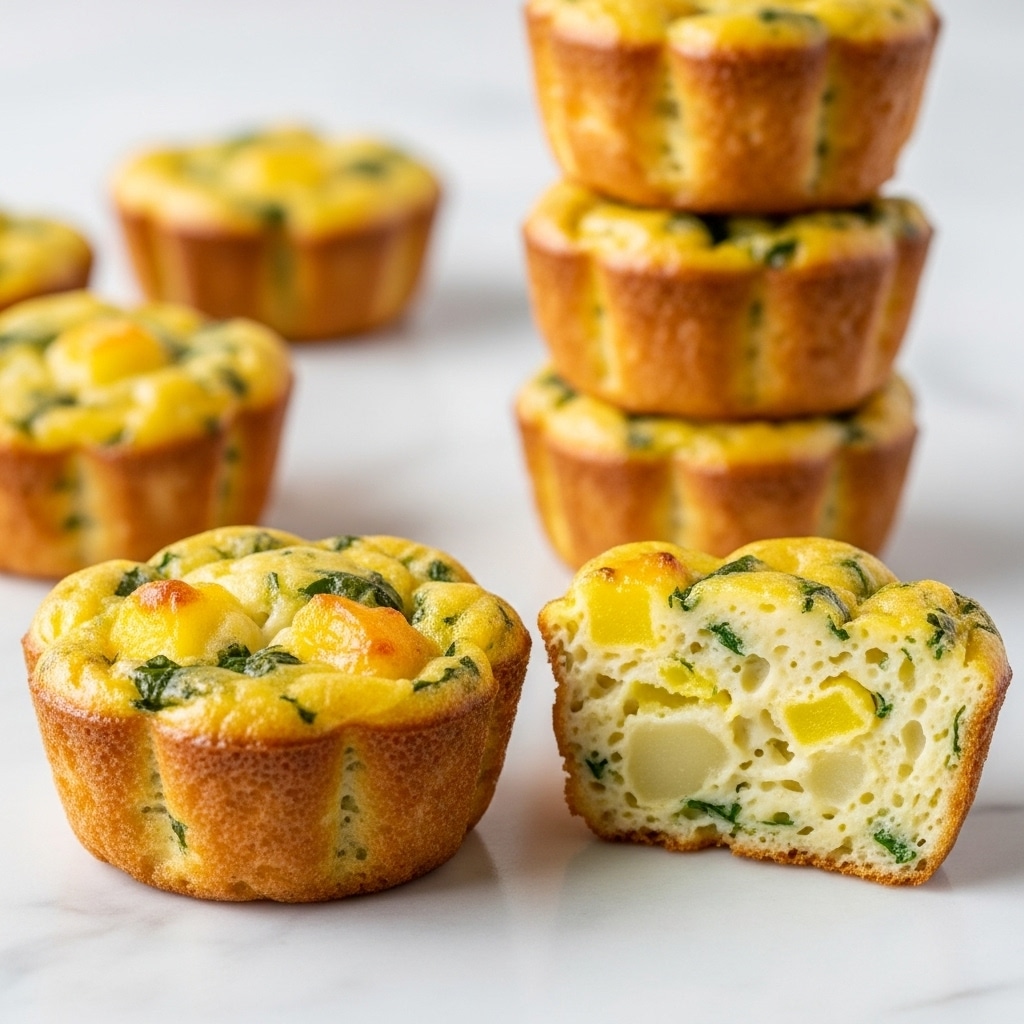 The image shows several small, golden-brown mini egg muffins with a slightly crispy texture on the edges and soft, fluffy insides. The muffins have visible bits of green herbs and small pieces of yellow cheese or potato mixed throughout, creating a speckled look. In the front, one muffin is whole, showing the round flower-like shape with scalloped sides, while another is split open to reveal the creamy, chunky interior. In the background, there are two small stacks of these muffins, all sitting on a smooth white marbled surface. photo taken with an iphone --ar 4:5 --v 7