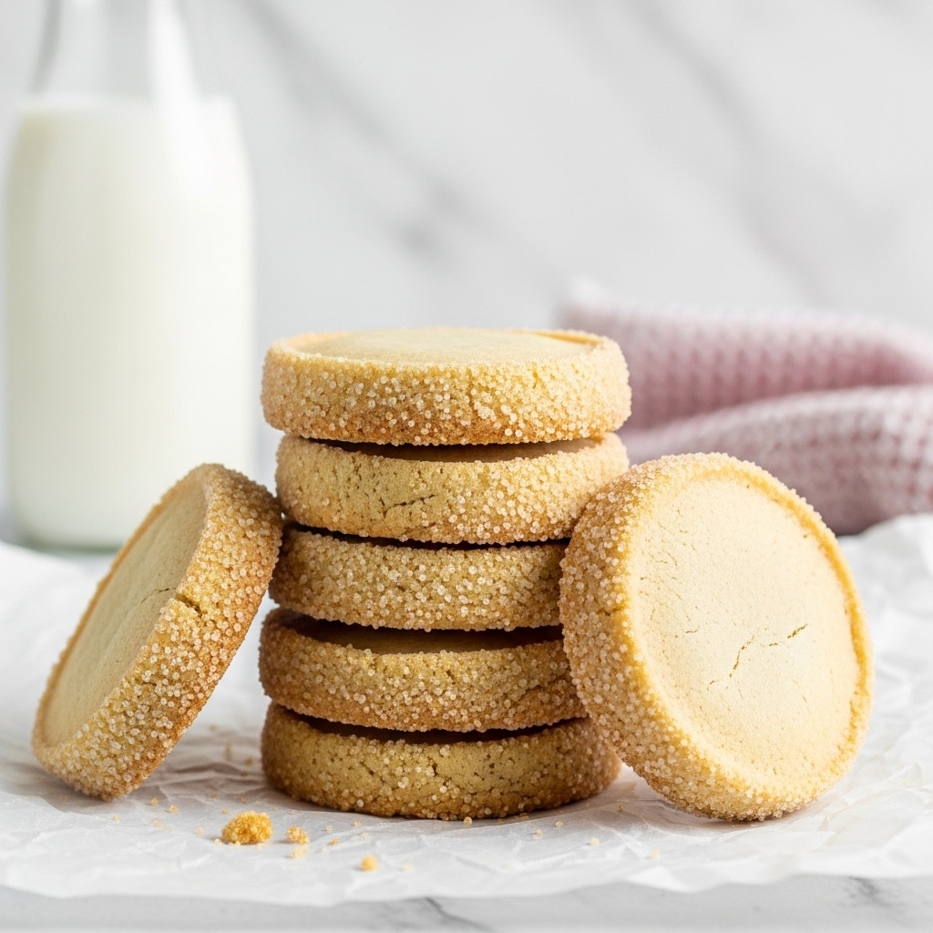 A stack of six round shortbread cookies with a golden-brown color and a coarse sugar coating on the edges is placed on crumpled white parchment paper. The cookies have a slightly grainy texture on the outside and smooth, firm surfaces on top. The background shows a blurred white marbled surface with a tall glass bottle of milk and a pink and white textured cloth nearby. Small crumbs are scattered around the base of the cookie stack. Photo taken with an iphone --ar 4:5 --v 7