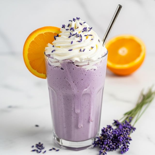 A tall clear glass filled with a smooth, thick lavender-purple smoothie that slightly drips down the sides, topped with a generous, fluffy swirl of white whipped cream sprinkled with small dark purple lavender buds. A thin, shiny metal straw sticks out of the whipped cream on the right side, and a bright orange slice is placed on the left rim of the glass. The glass sits on a white marbled surface with a small bunch of fresh lavender flowers near the base, and a half-cut orange is blurred in the background. photo taken with an iphone --ar 4:5 --v 7