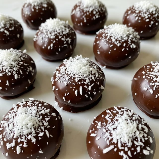 The image shows round chocolate-covered treats, each topped with white shredded coconut pieces. Each treat has a smooth, glossy dark brown chocolate layer as the outer coating, and they are placed close to each other on a white marbled surface. The shredded coconut is spread unevenly on top, creating a contrast with the dark chocolate. The treats are uniform in size and shape, arranged in a slightly scattered pattern. photo taken with an iphone --ar 4:5 --v 7