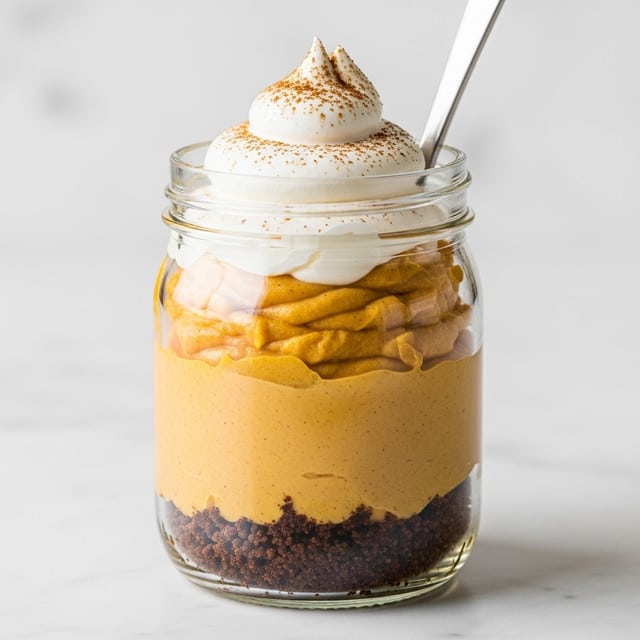 A clear glass jar holds a three-layer dessert, starting with a crumbly dark brown base at the bottom, followed by a smooth, thick, and creamy orange layer in the middle. The top layer is a large swirl of white whipped cream, lightly dusted with brown cinnamon powder. The jar sits on a white marbled surface, and a metal spoon is slightly inserted on the right side into the dessert. Photo taken with an iphone --ar 4:5 --v 7