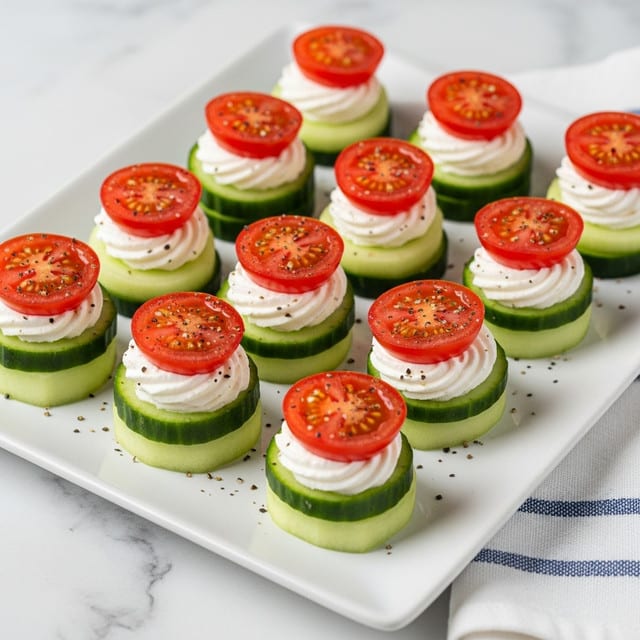 A white rectangular plate contains fifteen small, round appetizers arranged in a 3 by 5 grid. Each appetizer has three layers: the bottom layer is a pale green cucumber slice, the middle layer is a swirl of white creamy topping, and the top layer is a bright red cherry tomato half. The appetizers are evenly sprinkled with black pepper, adding specks of dark color across the pale cucumber and creamy swirl. The plate is set on a white marbled surface, with a white napkin that has blue stripes partially visible in the lower right corner. photo taken with an iphone --ar 4:5 --v 7