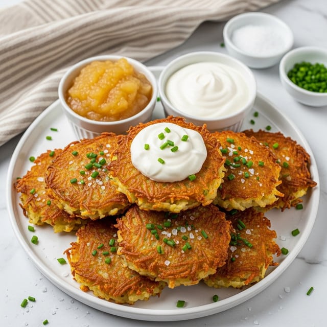 A white plate filled with a stack of golden brown crispy latkes, each latke showing a rough, crunchy texture with visible shredded potato strands and sprinkled with chopped green chives and coarse salt. On top of the stack, one latke is topped with a dollop of smooth white sour cream, garnished with small chives. To the side of the latkes on the plate, there are two small white bowls: one filled with a light golden chunky applesauce and the other with smooth white sour cream. The plate sits on a white marbled surface with a beige and brown striped cloth partially visible in the top corner. Nearby, two small white bowls contain coarse salt and more chopped chives. Photo taken with an iphone --ar 4:5 --v 7