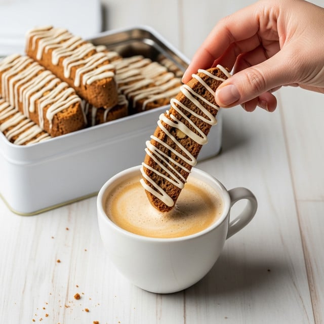 A close-up of a woman's hand holding a long, brown biscotti with a rough texture and white icing drizzled on top, dipping it into a white ceramic cup filled with light brown creamy coffee. In the background, several similar biscotti are stacked inside a white rectangular tin box. Everything is placed on a light-colored wooden surface with a white marbled texture. photo taken with an iphone --ar 4:5 --v 7