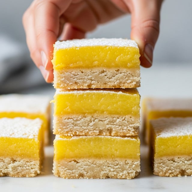 The image shows a close-up of a stack of lemon bars with three visible layers. The bottom layer is a light, crumbly crust that is beige in color with a slightly uneven texture. The middle layer is thick and smooth, with a bright yellow, glossy lemon filling. The top layer is very thin and dusted with white powdered sugar, adding a soft texture. A woman's hand is holding the top lemon bar, highlighting its thickness and details, with more lemon bars stacked below on a white marbled surface. The background is softly blurred with gray tones. Photo taken with an iphone --ar 4:5 --v 7