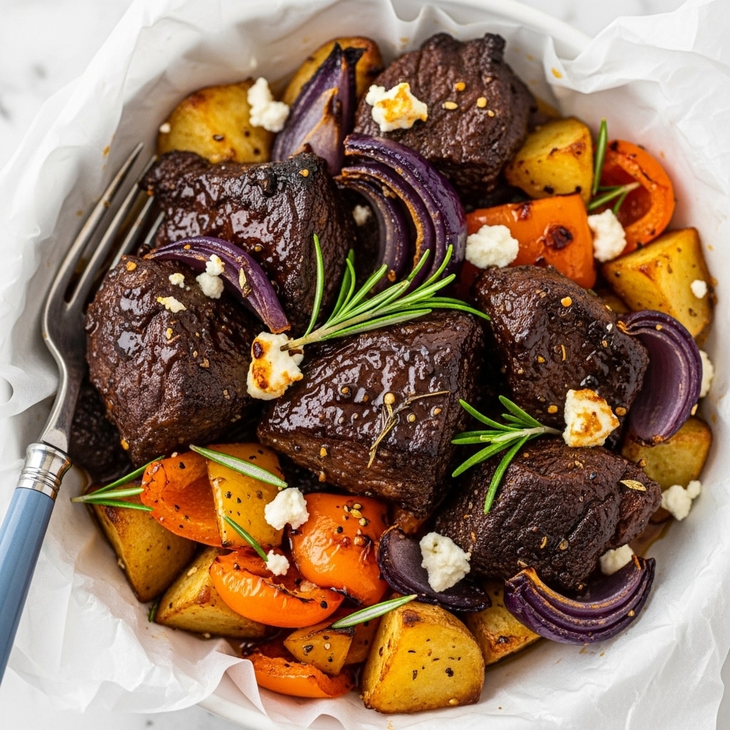 The image shows a close-up of a dish with several layers of food in a white bowl lined with parchment paper. The bottom layer includes chunks of orange and yellow roasted bell peppers and golden brown roasted potatoes. On top of this are dark brown, glazed pieces of cooked beef, some with a shiny, caramelized surface. There are also pieces of softened purple onion scattered throughout. Small crumbles of white cheese are sprinkled over the meat and vegetables. Fresh green sprigs of rosemary are placed on top for garnish. A silver fork with a blue handle is partially visible on the left side, resting on the food. The background is a white marbled texture. photo taken with an iphone --ar 4:5 --v 7