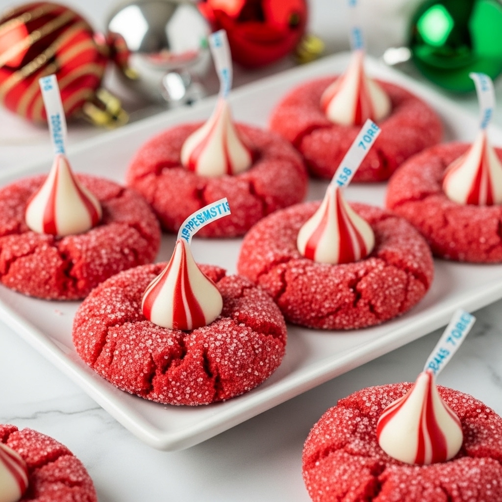 A group of red sugar-coated cookies with a rough texture are arranged on a white rectangular plate, resting on a white marbled surface. Each cookie has one white and red swirled chocolate kiss candy placed in the middle, standing out with smooth and glossy texture. In the background, there are shiny Christmas ornaments in red, white, and green colors, adding a festive feel to the scene. photo taken with an iphone --ar 4:5 --v 7