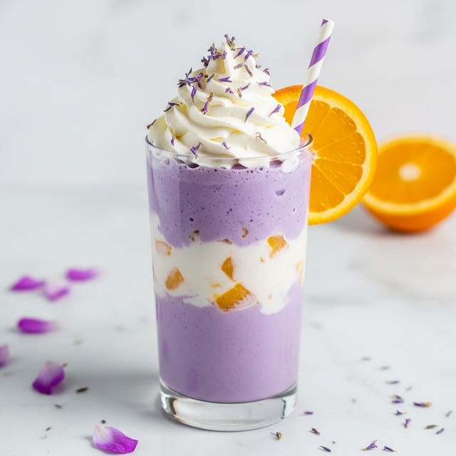 The image shows a tall clear glass filled with three distinct layers: the bottom layer is a smooth purple liquid, the middle layer is a white creamy mixture with small chunks of orange, and the top layer is a large swirl of white whipped cream covered with small purple flower petals. A thin slice of orange is placed on the rim of the glass, and a white and purple striped straw is inserted on one side. The glass is set on a white marbled surface with scattered purple petals and an orange half blurred in the background. photo taken with an iphone --ar 4:5 --v 7