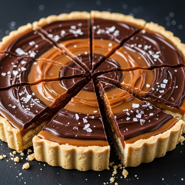 A round tart cut into eight slices sits on a dark surface with a few crumbs scattered around. The tart has three clear layers: a light golden, crimped crust forming the base and edge; a caramel layer just above the crust, sticky and amber in color; and a thick, dark chocolate layer on top, smooth with swirling patterns. Small flakes of sea salt are scattered over the chocolate layer, adding texture and contrast. photo taken with an iphone --ar 4:5 --v 7