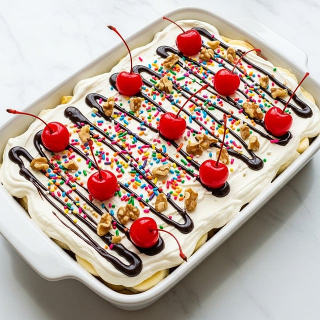 This dessert has several layers inside a white rectangular baking dish. The top layer is white creamy whipped topping spread evenly. On top, there are thin, wavy dark brown chocolate syrup lines spread across. Scattered over this are small, colorful rainbow sprinkles, light brown walnut pieces, and bright red cherries with stems placed evenly. The dish sits on a white marbled surface, making the colors on the dessert stand out clearly. photo taken with an iphone --ar 4:5 --v 7