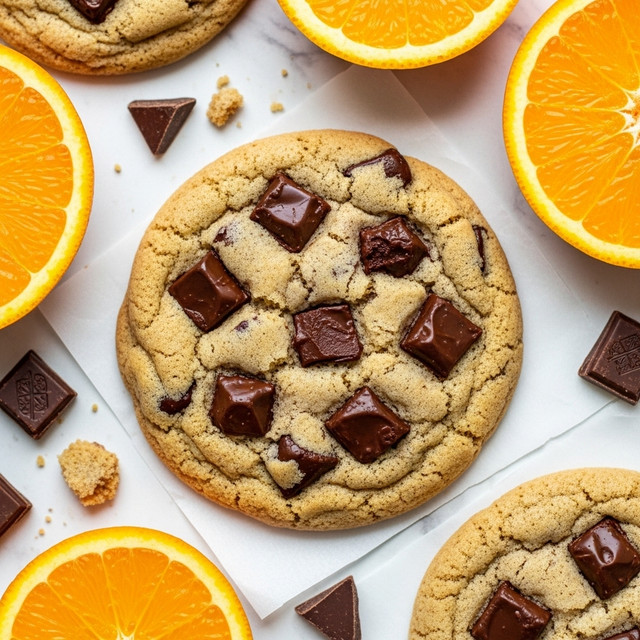 A close-up of a single round chocolate chip cookie with a golden-brown, slightly cracked surface, embedded with large, irregularly shaped dark chocolate chunks across its top. Surrounding the cookie are several fresh orange halves placed on a white marbled surface, their bright orange flesh and juicy texture contrasting with the cookie. Some cookie crumbs and chocolate pieces are scattered around, enhancing the fresh and homemade feel. The cookie rests on a piece of white parchment paper, and the lighting highlights the cookie’s crisp edges and soft, chewy interior. photo taken with an iphone --ar 4:5 --v 7