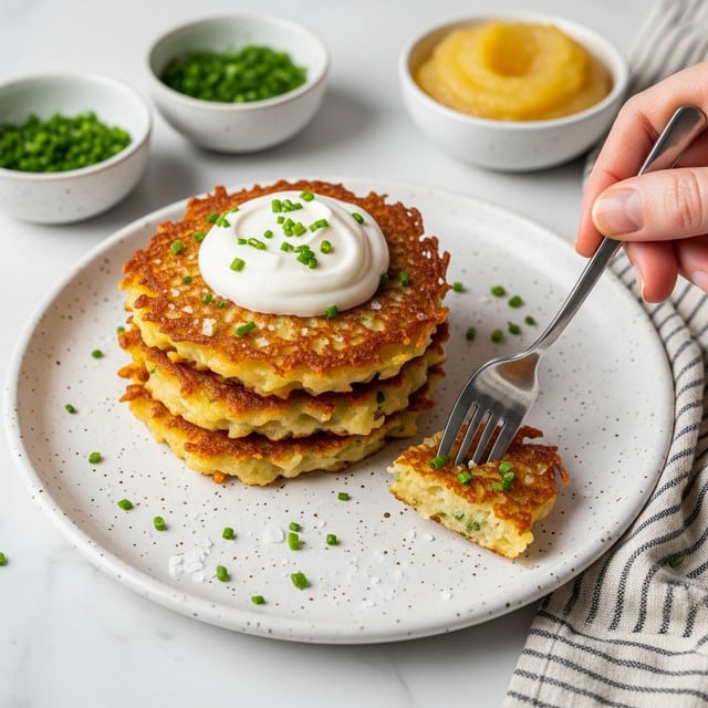 A white speckled plate holds three golden brown, crispy potato pancakes stacked unevenly, with a thick dollop of smooth, white sour cream on the top pancake. The pancakes have a crunchy, lacy texture around the edges and are sprinkled with small bits of green chives and coarse salt. A woman’s hand holds a fork breaking off a piece from the bottom pancake, showing the soft cooked potato inside. Surrounding the plate are small bowls with green chopped chives and light golden applesauce on a white marbled surface, with a striped cloth partially visible on the right. Photo taken with an iphone --ar 4:5 --v 7