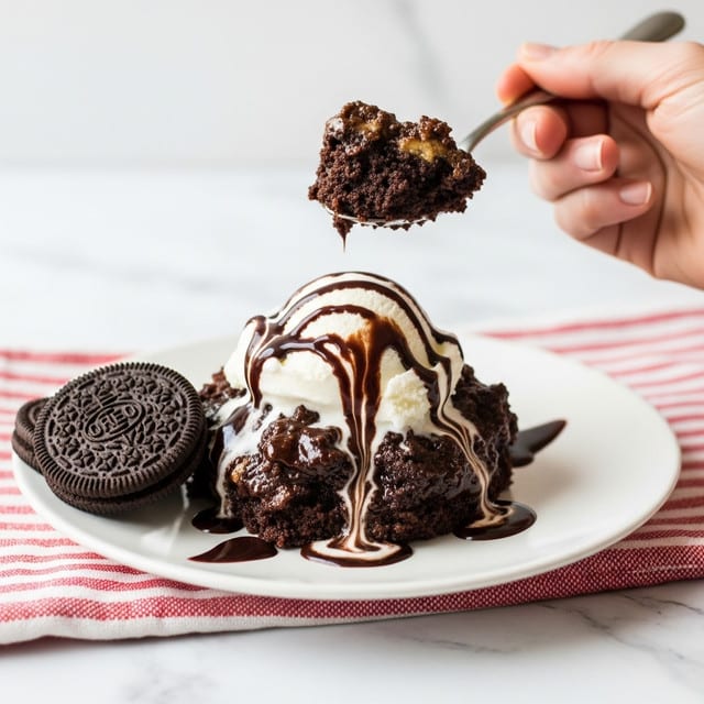 The image shows a close-up of a white plate with a gooey, dark brown chocolate dessert topped with a scoop of white ice cream drizzled with dark chocolate syrup. On the plate beside the dessert, there are two whole Oreo cookies with their dark brown color and textured surface. A woman's hand holds a spoon with a piece of the rich chocolate dessert coated in shiny chocolate sauce, lifted close to the camera. The plate sits on a red and white striped cloth on a white marbled surface. The scene captures the dessert's moist and sticky texture clearly. photo taken with an iphone --ar 4:5 --v 7