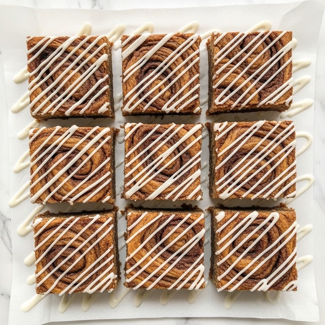 The image shows nine square pieces of a cinnamon dessert arranged in a 3x3 grid on white parchment paper. Each piece has a light brown base with swirled darker cinnamon patterns creating a textured look. All the squares are topped with thin, white icing drizzles running diagonally from one corner to the other, adding a shiny finish. The background is a white marbled texture, and some extra icing drizzle is visible on the parchment paper around the squares. photo taken with an iphone --ar 4:5 --v 7