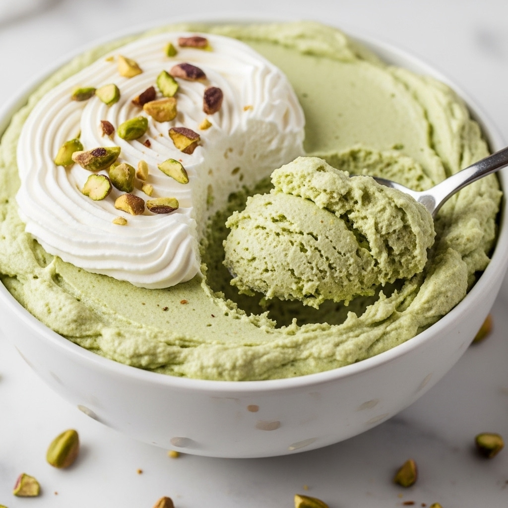 The image shows a close-up of a white bowl filled with a light green, fluffy, and creamy dessert that has a slightly chunky texture. The dessert forms most of the layer, with a thick white whipped topping swirled on one side, sprinkled with small pieces of chopped nuts. A silver spoon scoops some of the green mixture, lifting it in the foreground. The bowl rests on a white marbled surface, with scattered chopped nuts around it. photo taken with an iphone --ar 4:5 --v 7