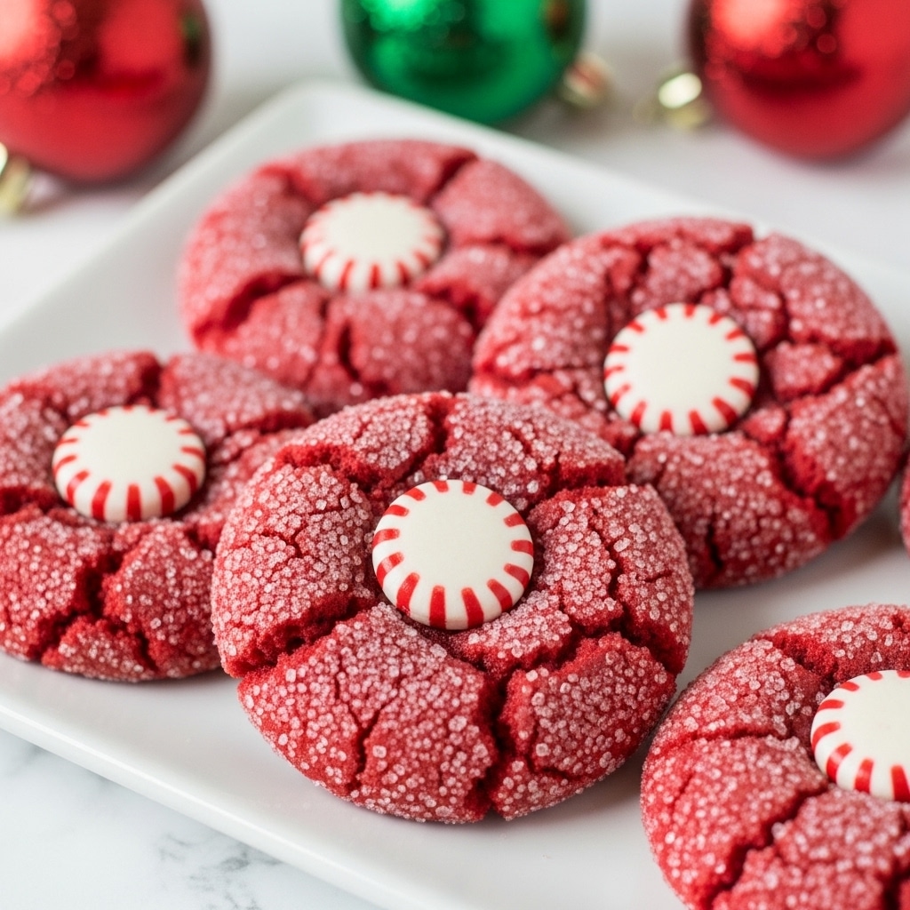 The image shows several red cookies covered in big sugar crystals, each topped with a white and red striped candy in the center. The cookies have a cracked texture on the surface and are arranged close together on a white rectangular plate, which is placed on a white marbled surface. In the background, there are red and green sparkling Christmas decorations out of focus, adding a festive feel to the scene. photo taken with an iphone --ar 4:5 --v 7