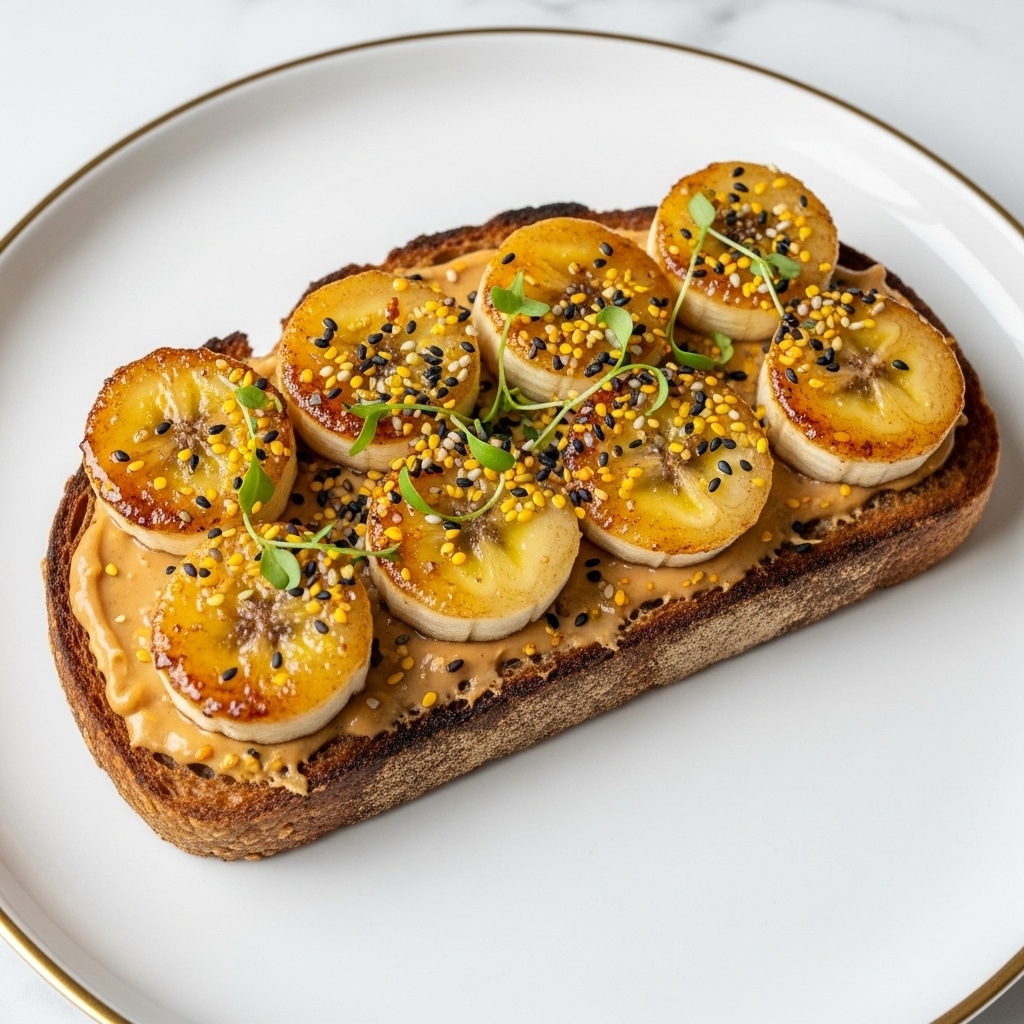 A single slice of toasted bread with a dark brown crust serves as the base layer, topped with a spread of creamy, light brown peanut butter. Five evenly spaced slices of golden brown caramelized banana rest on top, each slice slightly shiny with a crispy texture around the edges. The banana slices are sprinkled with small yellow and black seeds or flaky bits, along with tiny bright green herb pieces, creating a colorful and textured finish. The toast is placed on a clean white plate with a thin golden rim, set against a white marbled surface. Photo taken with an iphone --ar 4:5 --v 7